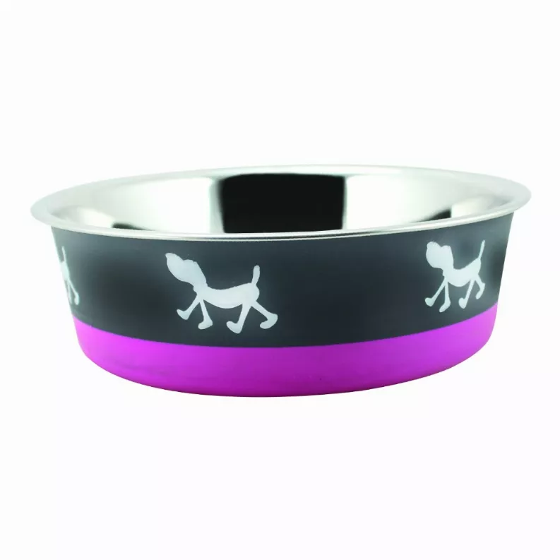Stainless Steel Pet Bowl with Anti Skid Rubber Base and Dog Design, Gray and Pink-Set of 2
